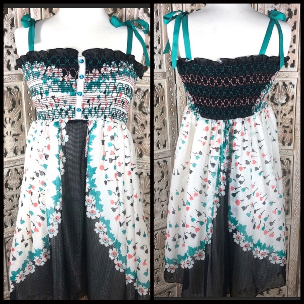 Anna Sui strapless smocked chiffon floral dress S